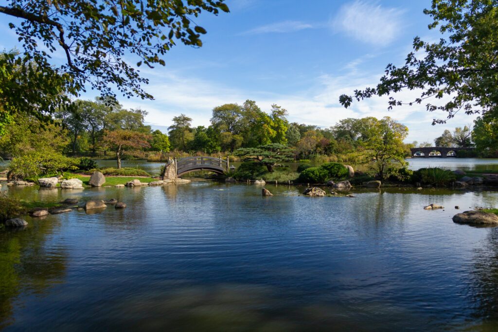 Bridge and pond in the Garden of the Phoenix (Osaka Garden) in Chicago, IL