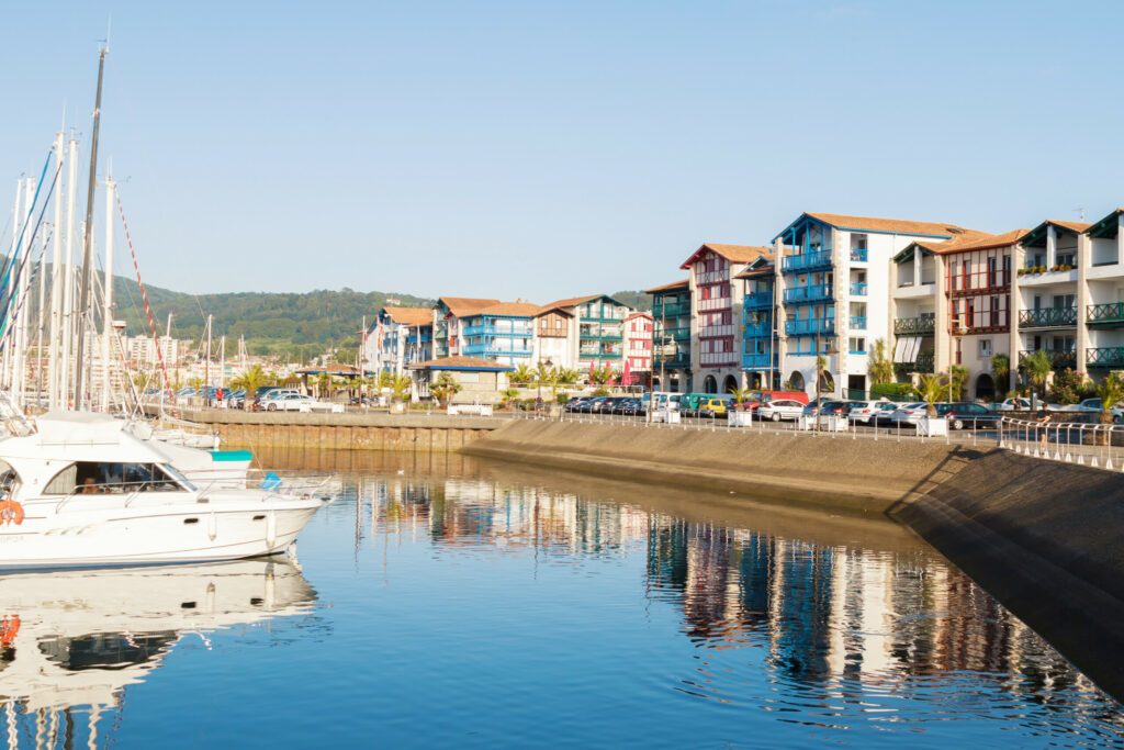 seascape. Bay with blue water on the background of the city of Hendaye. the French part of the Basque country