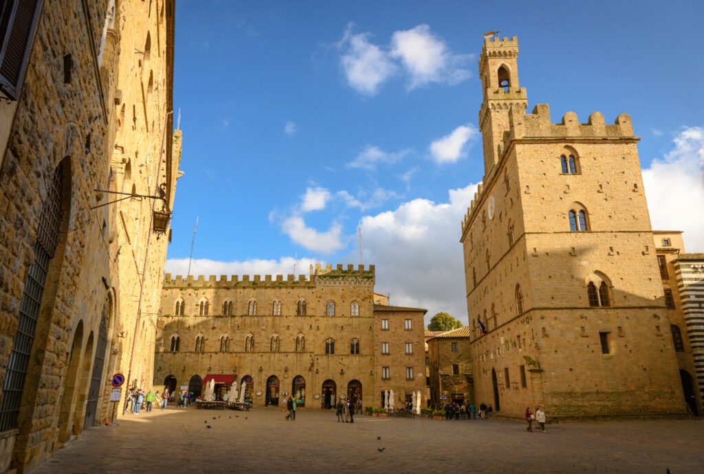 View of the main square of the small and famous town of Volterra, Italy.