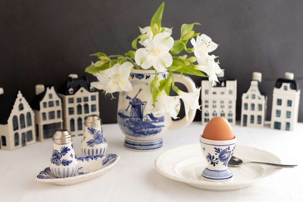 Boiled egg on white and blue Delft porcelain