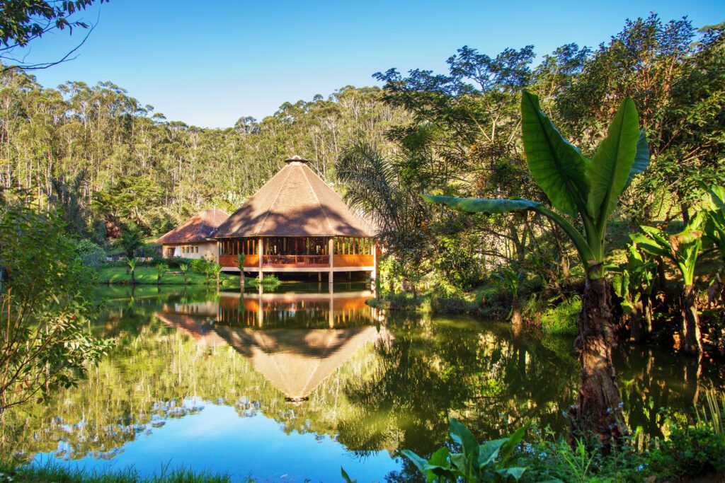Luxurious cabin at the lake in the rainforest of Andasibe in Madagascar. HDR