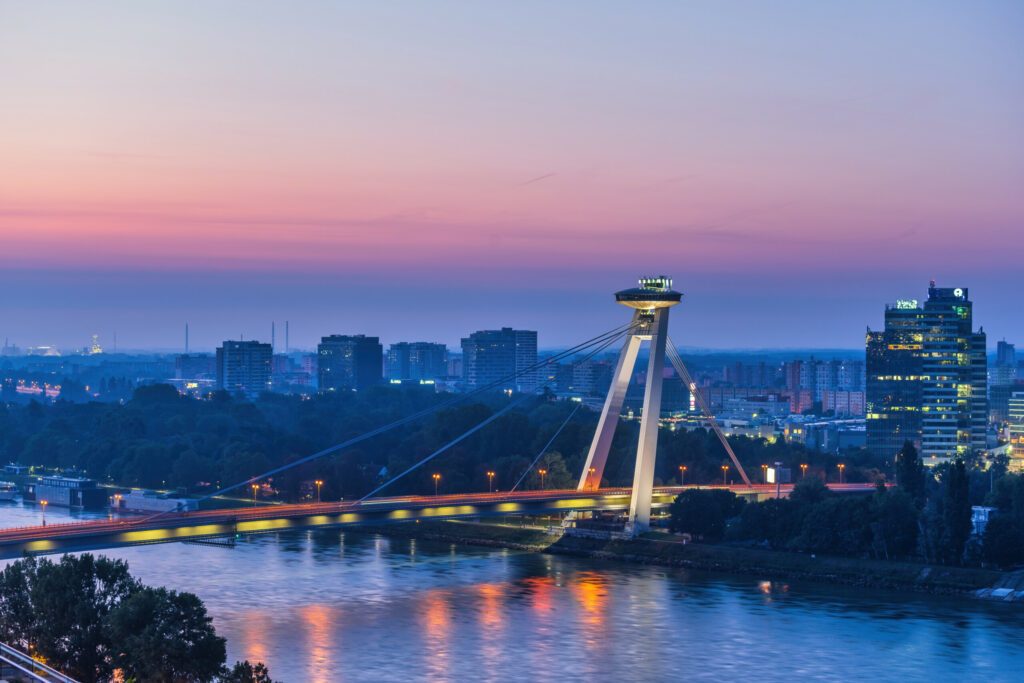 Observation platform and restaurant of SNP bridge in the center of Bratislava, Slovakia