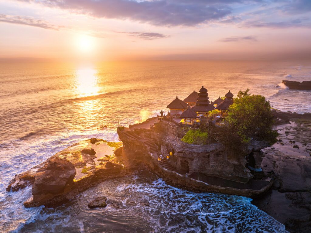 Tanah Lot temple in Bali island, Indonesia. Aerial view