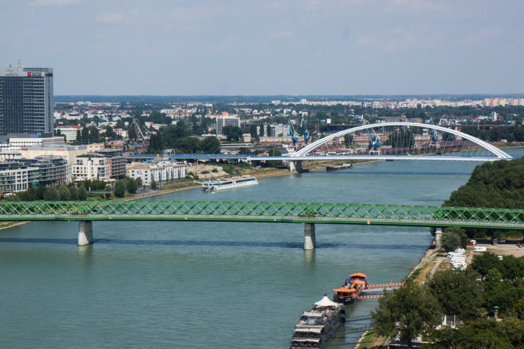 old bridge and apollo bridge over danube