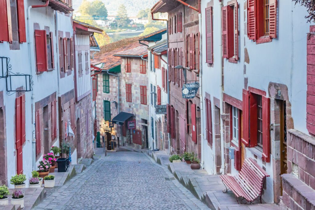 Cobblestoned street in the historic center of mountain village Saint-Jean-Pied-de-Port, France