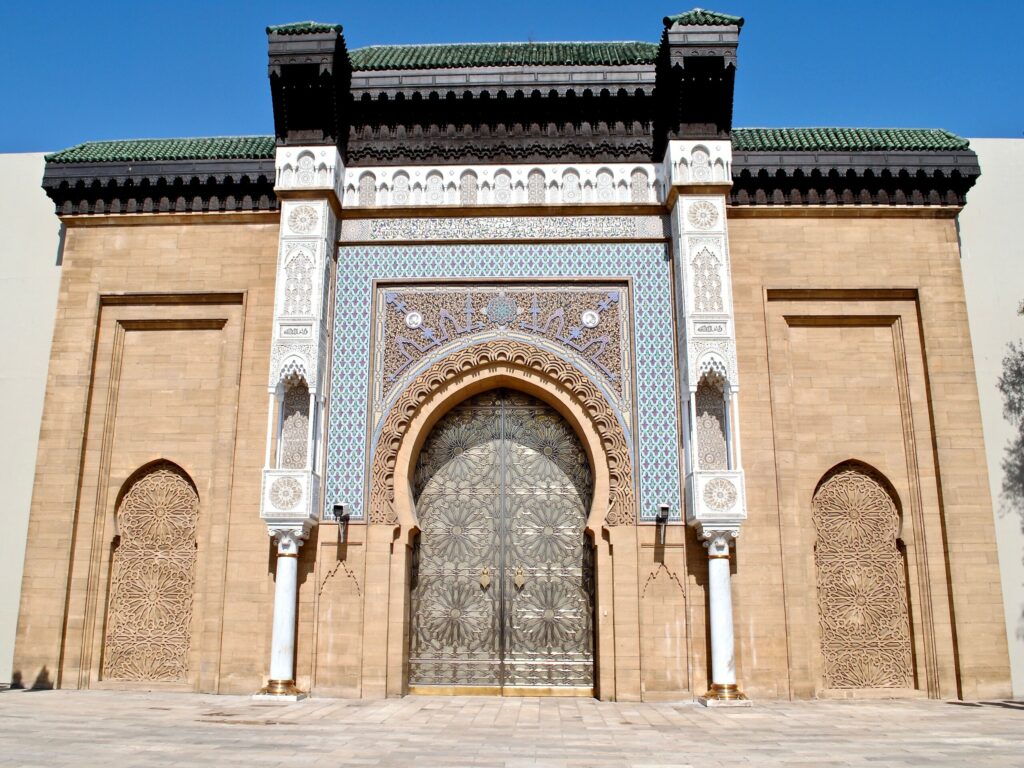 Ceremonial entrance to Palais Royal (Royal Palace), Casablanca, Morocco. Located in the Habous district of the city’s New Medina, this is the King of Morocco’s principal Casablanca residence