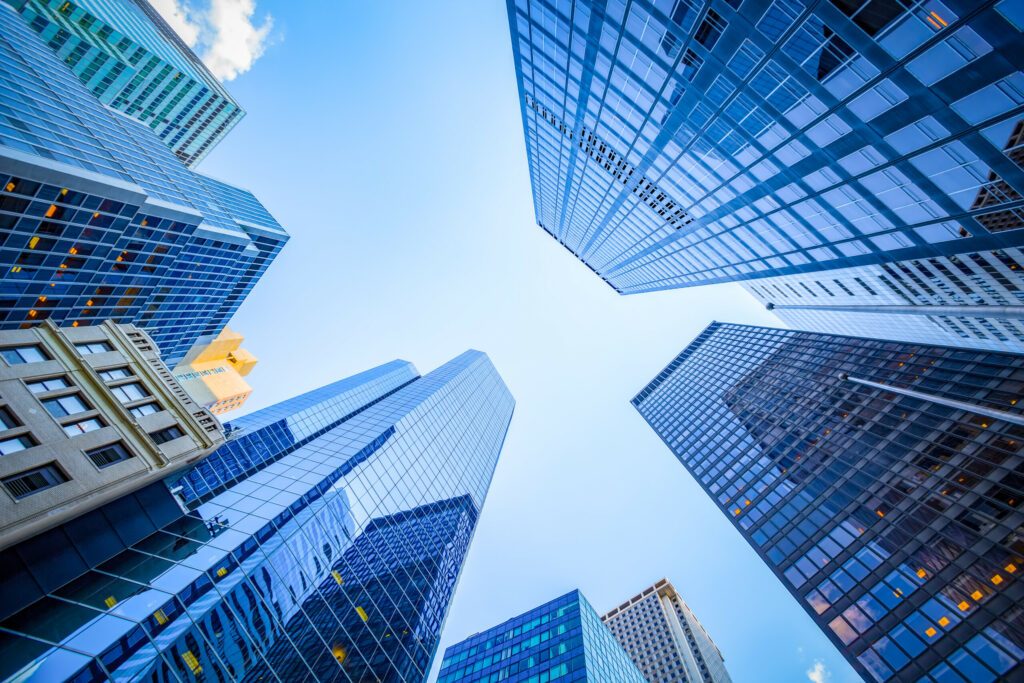 Up view in financial district, Manhattan, New York