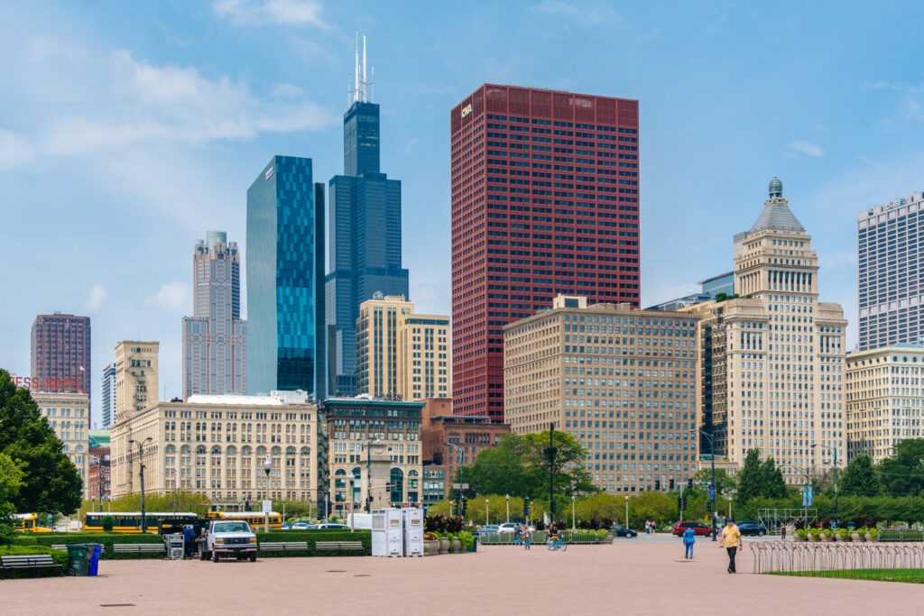 Grant Park and view of skyscrapers in Chicago, Illinois