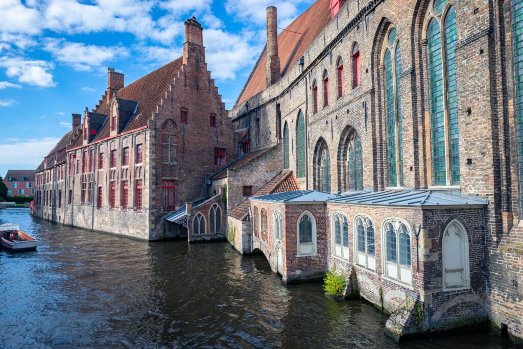 Scenic city view of Saint John's Hospital in the historic city of Bruges, Belgium