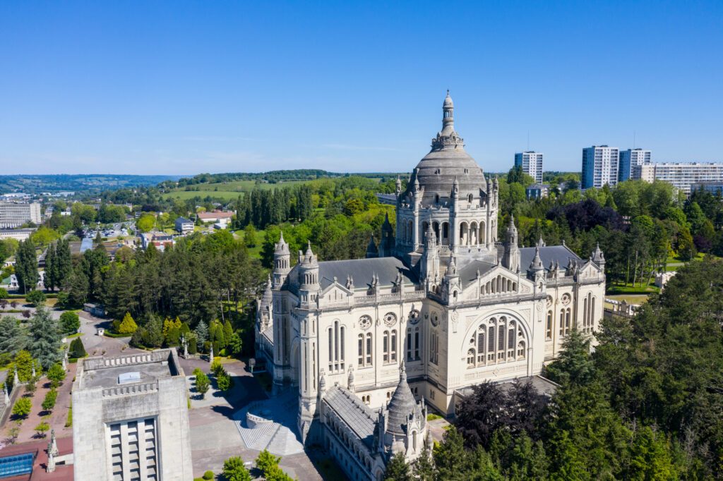 France, Calvados department, Lisieux, Aerial view of Basilica of St. Therese of Lisieux in Normandy