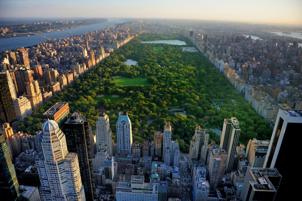 Central Park aerial view, Manhattan, New York; Park is surrounde