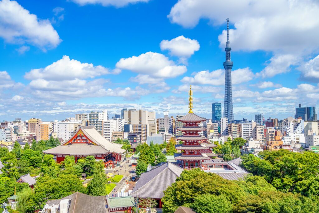 Aerial view of tokyo city with senso temple