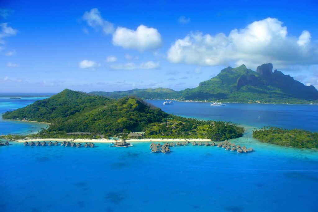 Aerial View of Bora Bora with overwater Bungalows