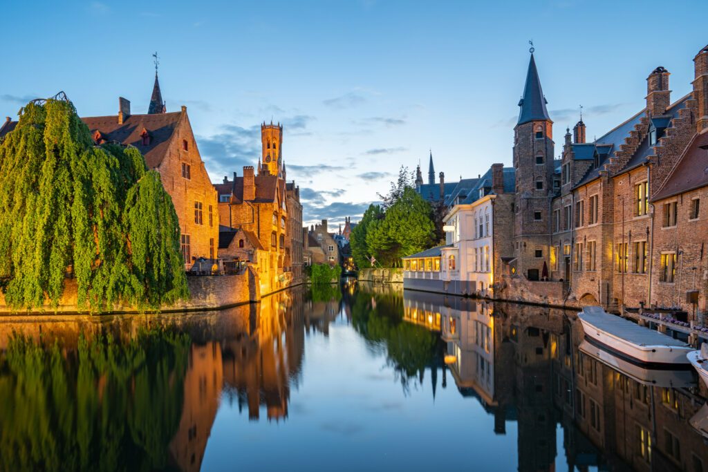 Bruges skyline with old buildings at twilight in Bruges, Belgium