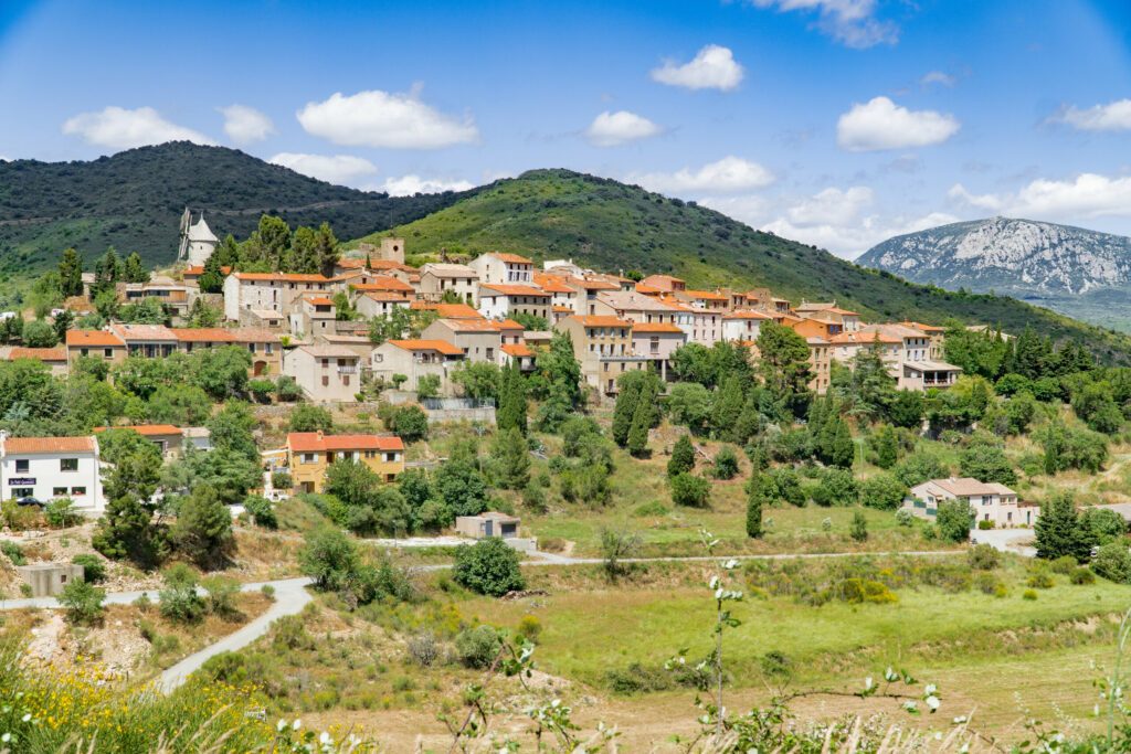 General view of Cucugnan, Aude. France.