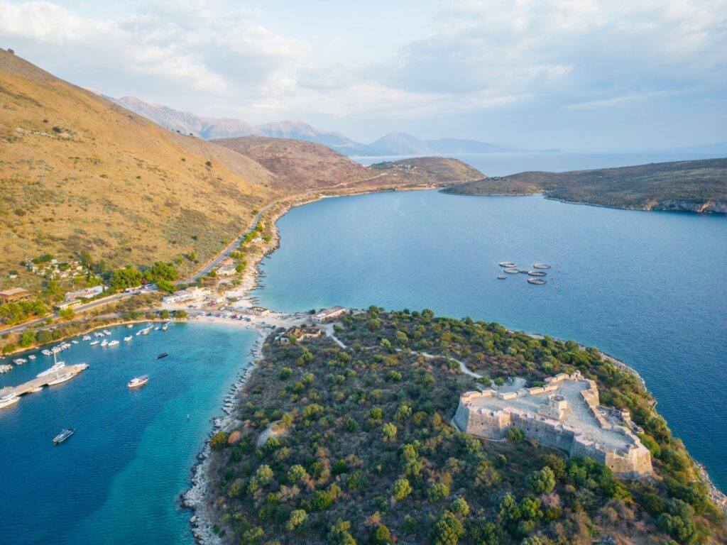 Panoramic Aerial View of Porto Palermo Bay and Fortress, Albania