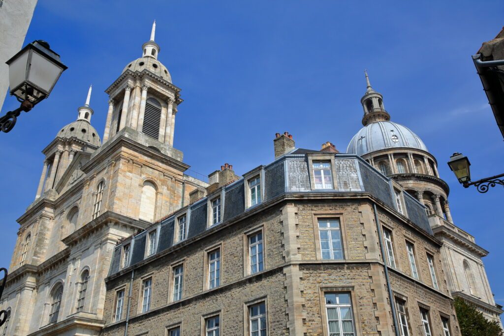 A wide-angle view of the Basilica of Notre Dame in Boulogne sur Mer, Cote d'Opale, Pas de Calais, Hauts de France