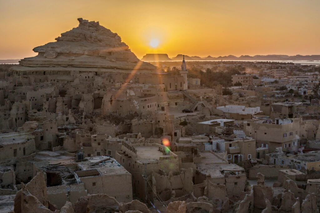 Beautiful sunset at Siwa oasis. Shali fortress ruins, Siwa oasis old town, Egypt