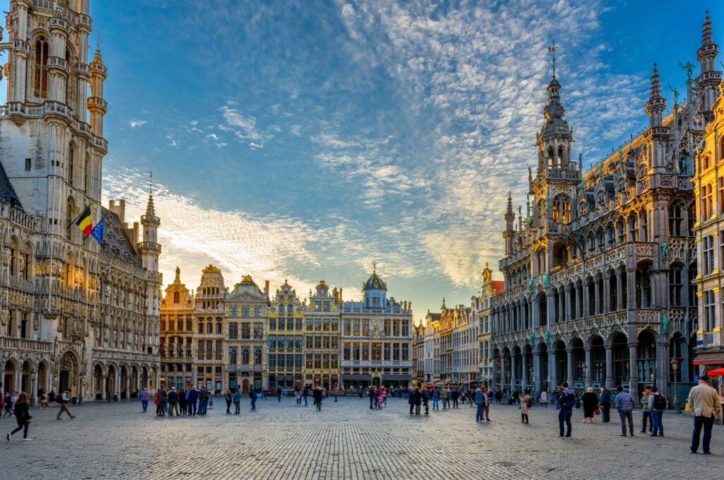 Grand Place (Grote Markt) with Town Hall (Hotel de Ville) and Maison du Roi (King's House or Breadhouse) in Brussels, Belgium. Grand Place is important tourist destination in Brussels.