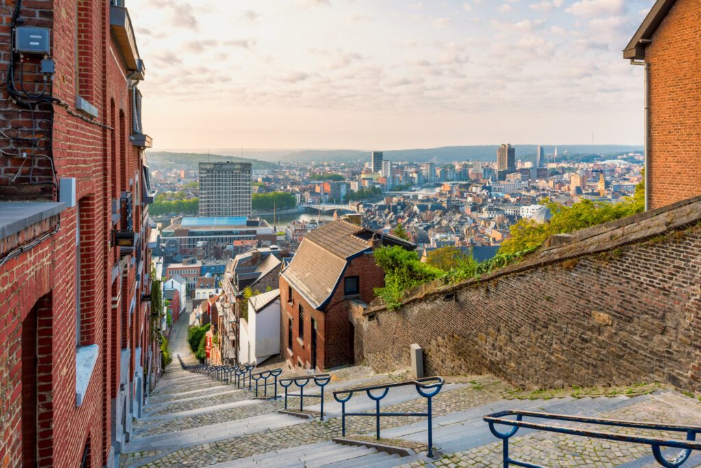 Skyline of Liège, Belgium as seen from the top of the 374-step Montagne de Bueren Staircase
