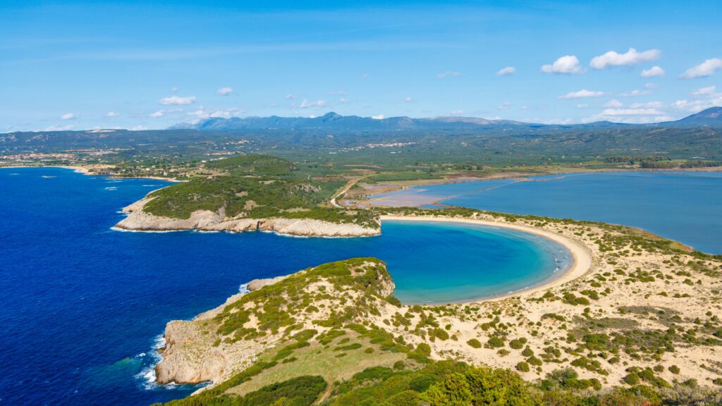 Beautiful aerial beach view in Greece- Travel, tour tourism, vacation- Voidokilia beach, Pylos, Peloponnese