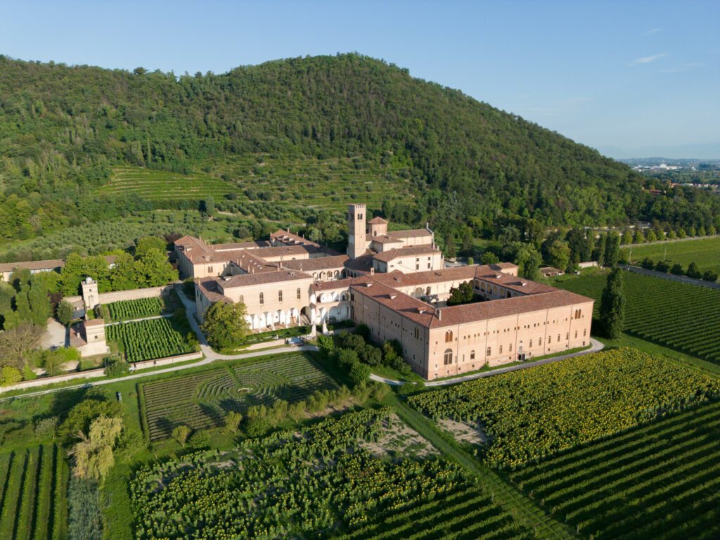Aerial view of Benedictine monastery Abbazia di Praglia (Praglia abbey) in Bresseo, Teolo by Padua in Italy as a Christianity, religion, and Catholicism concept