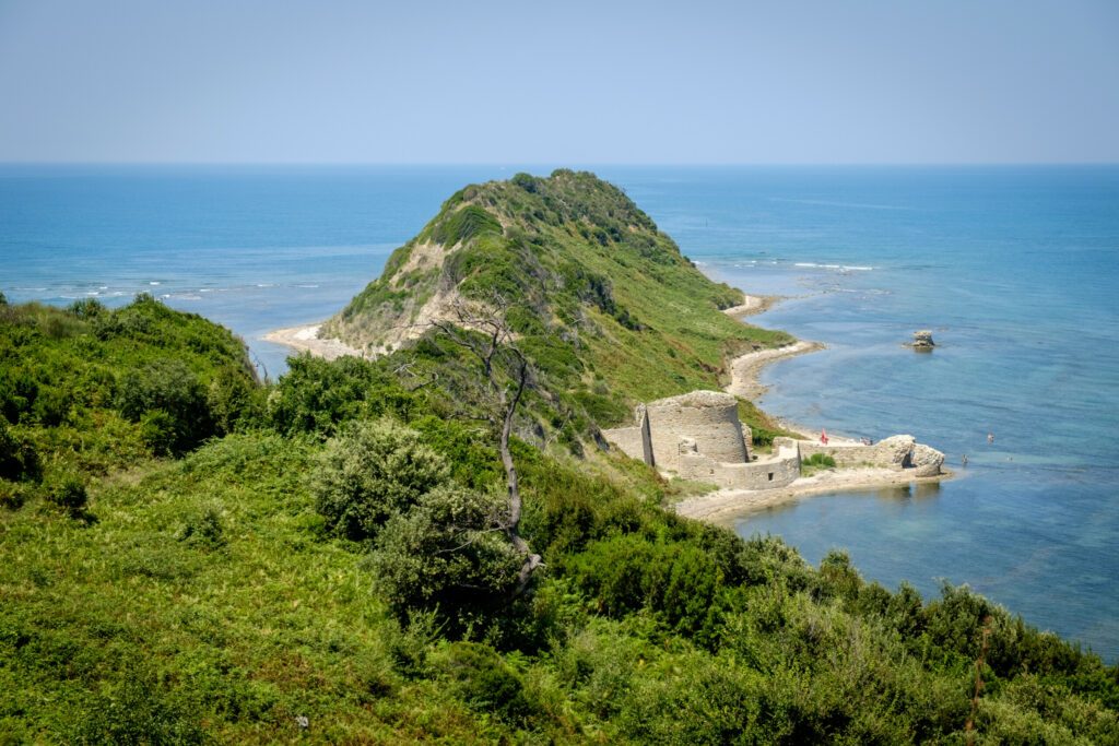 Isolated wild beach of Cape of Rodon in Albania. Here is located the summer castle of the Queen of Albania the wife of Scanderbeg.
