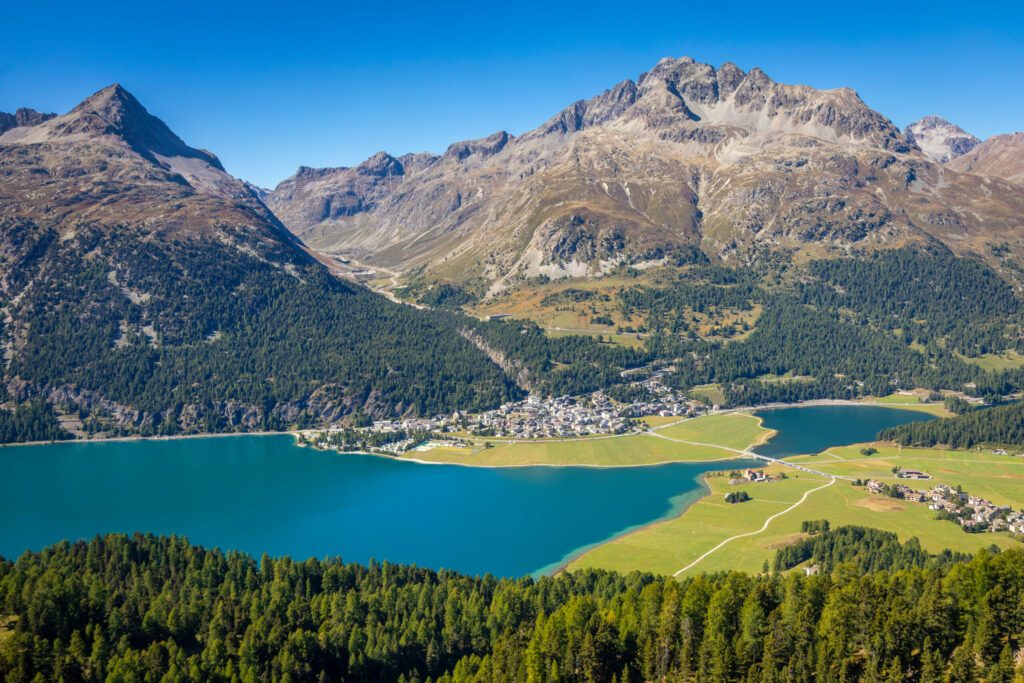 Above Silvaplana lake, Sils and Maloja from Piz Corvatsch, Engadine, Switzerland