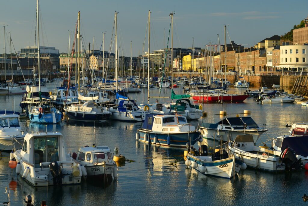 St Helier marina, Jersey, U.K. Summer evening view of town.