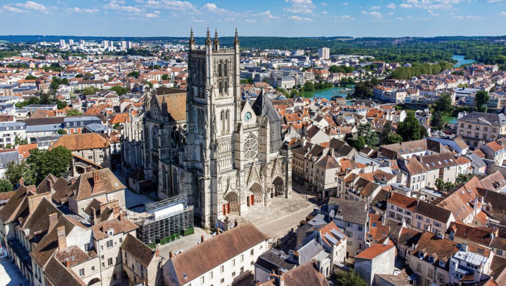 Aerial view of the Saint Etienne cathedral of Meaux, a roman catholic church built in the 12th century near the Marne river in the department of Seine et Marne near Paris, France