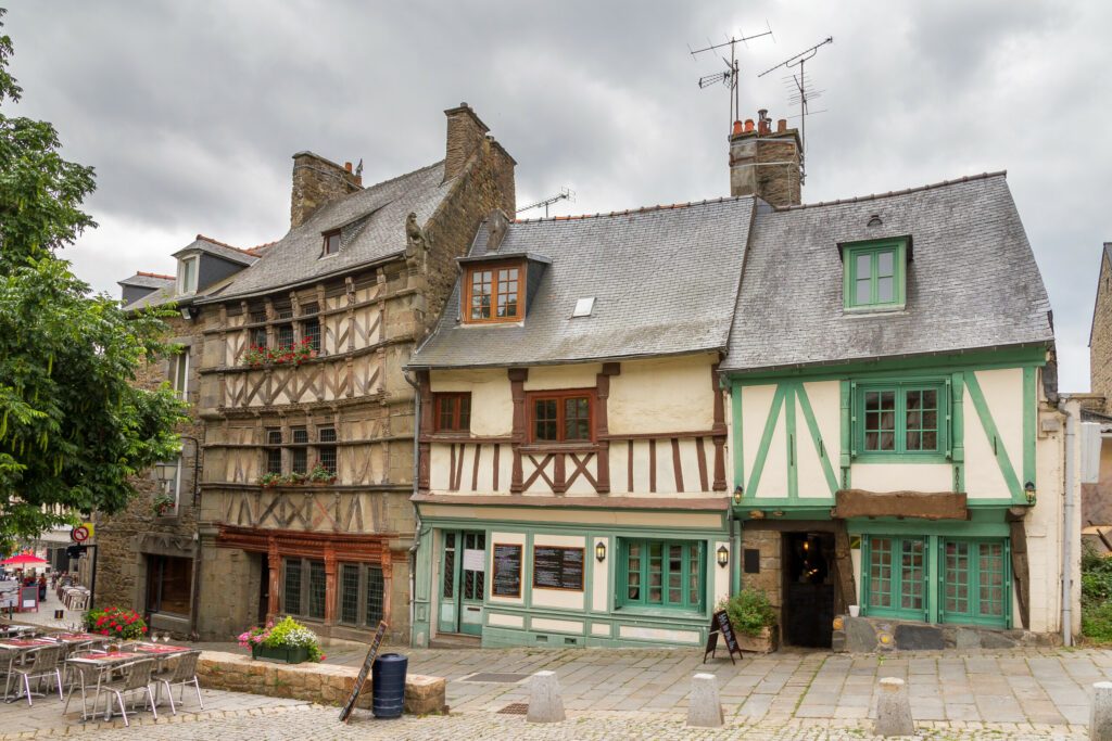 Beautiful cityscape of the ancient traditional houses with wooden beams in Saint-Brieuc, in the Côtes-d'Armor department in Brittany, France