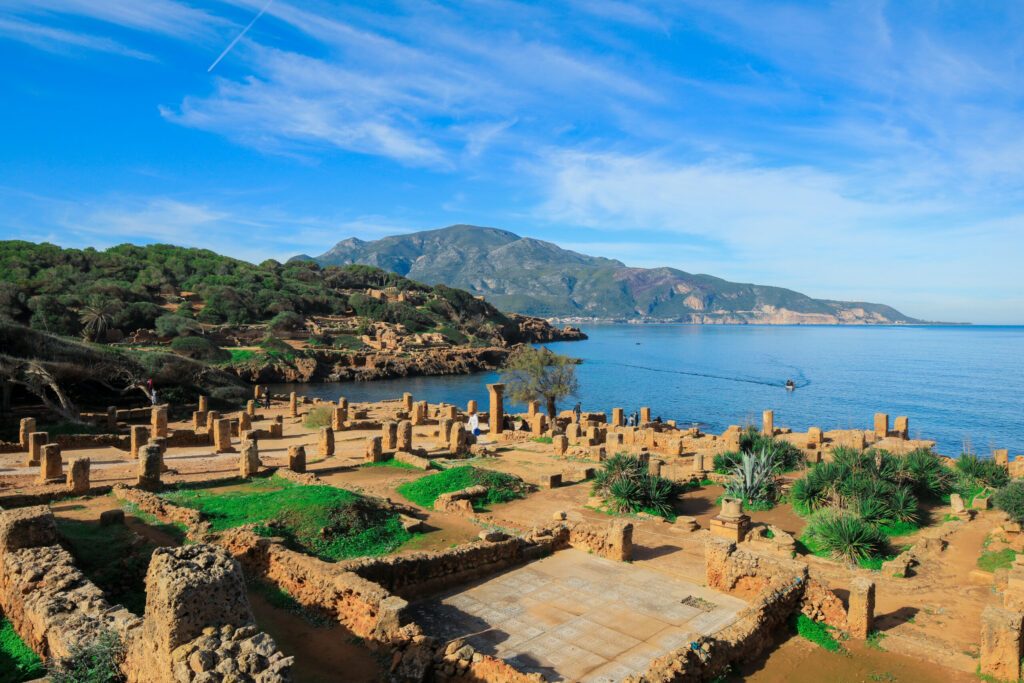 Ancient Ruins of Roman Tipasa with the Nice View to the Mediterranean coastline near Tipaza city, Algeria