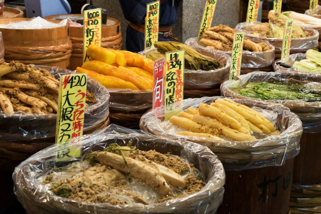 Pickled cucumber selling in Nishiki market in Kyoto, Japan