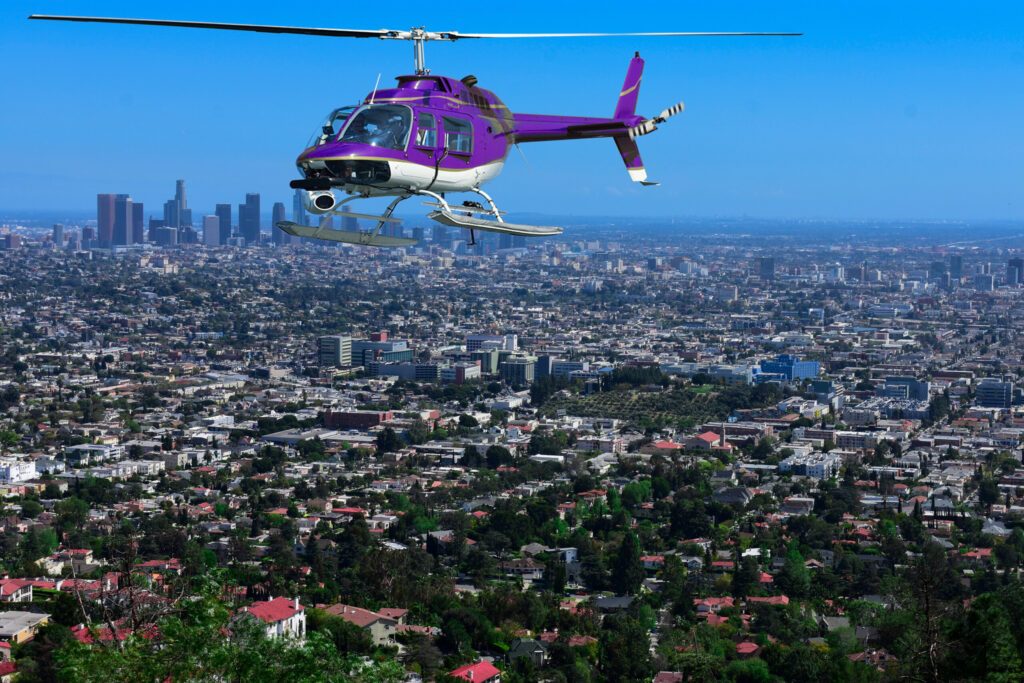 helicopter flying over the city