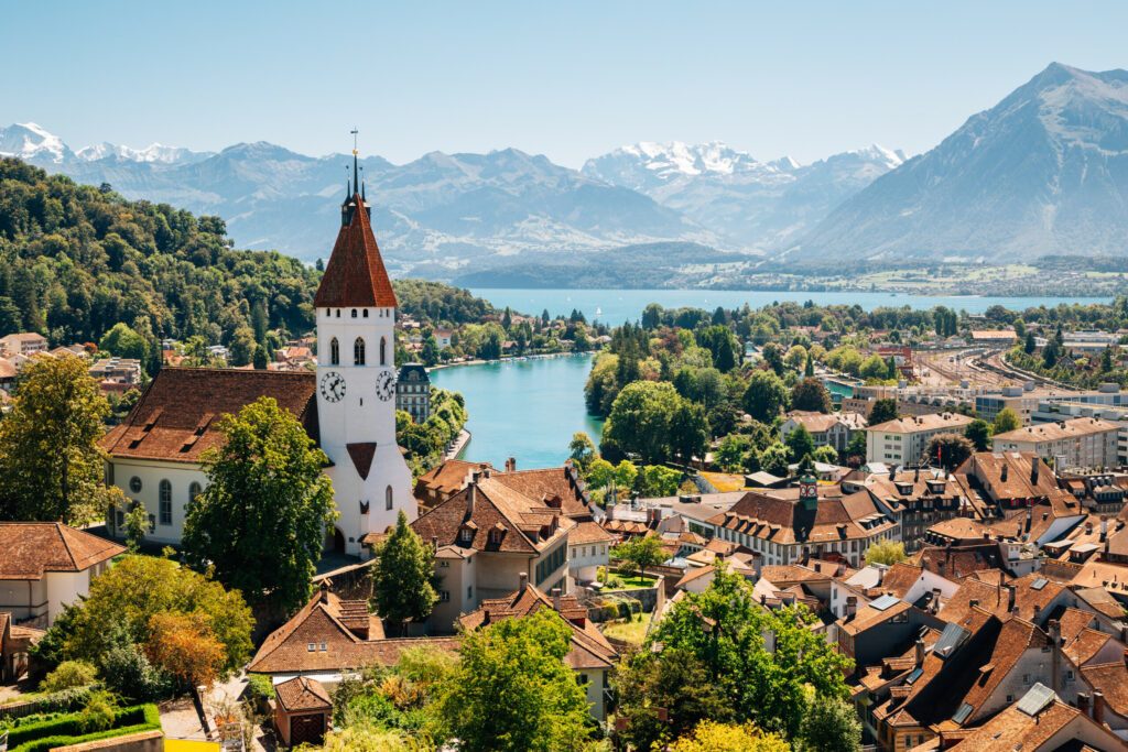 Thun cityscape with Alps mountain and lake in Switzerland