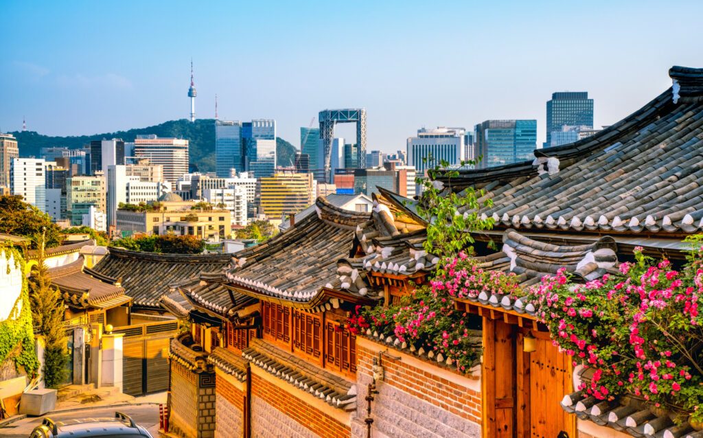 Traditional Korean style architecture at Bukchon Hanok Village in Seoul, South Korea.