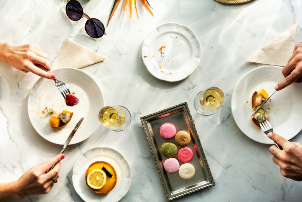 Aerial View Couple Eating Dessert Concept