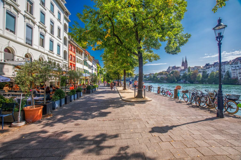 Old city center of Basel with Munster cathedral and the Rhine river, Switzerland, Europe. Basel is a city in northwestern Switzerland on the river Rhine and third-most-populous city.