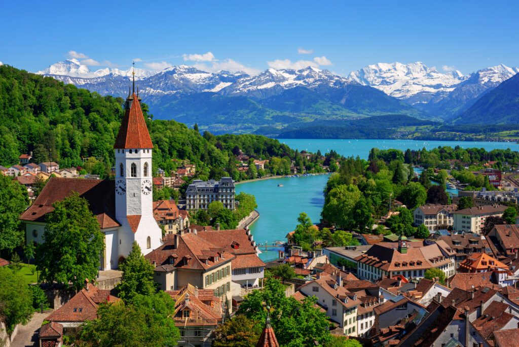 Thun city and lake in swiss Alps, Switzerland