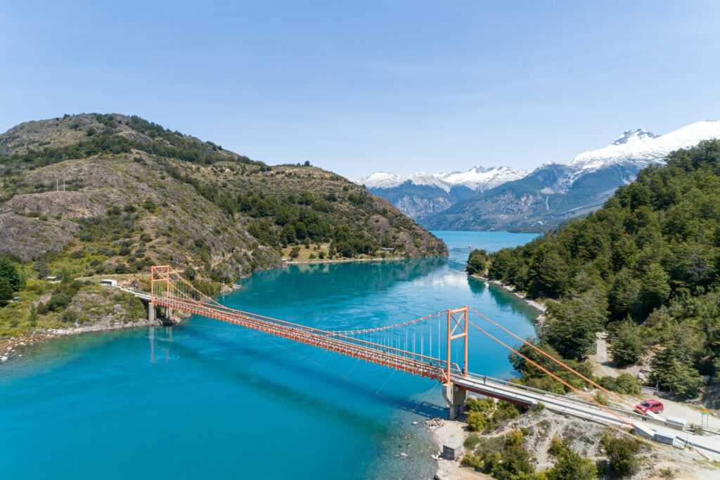 Aerial view of General Carrera bridge, Bertrand Lake and General Carrera Lake - Chile Chico, Aysén, Chile