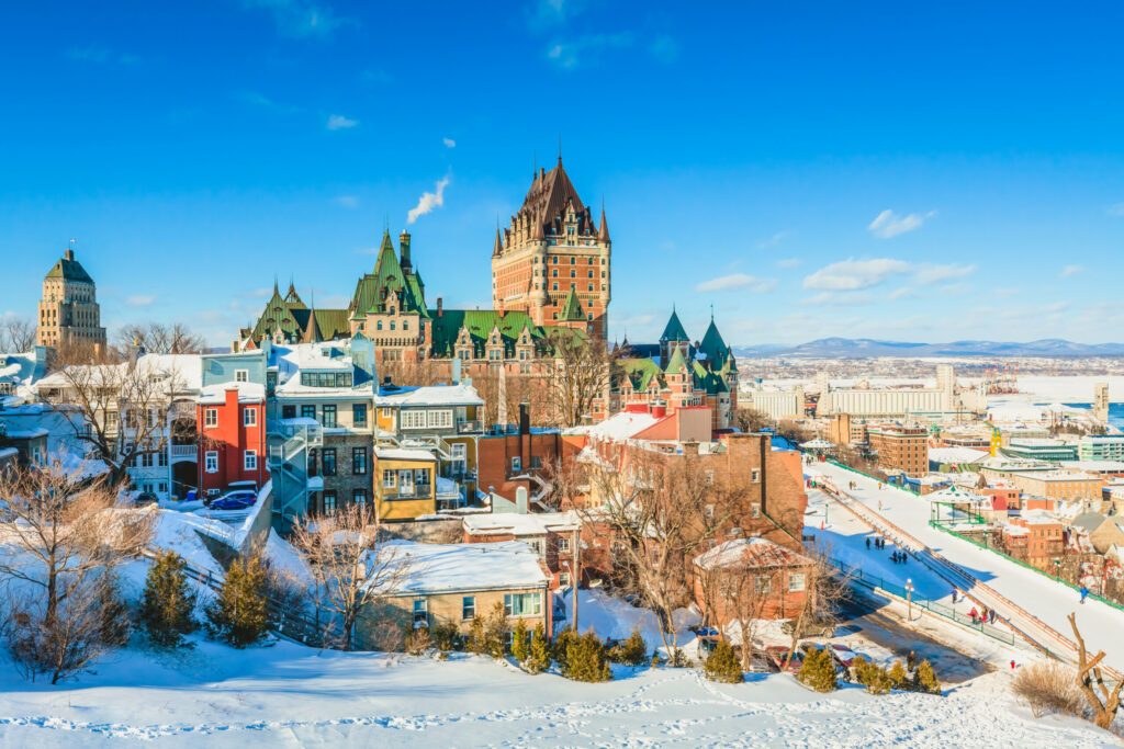 City Skyline of Old Quebec City with Chateau Frontenac, Dufferin terrace and St. Lawrence River in Winter