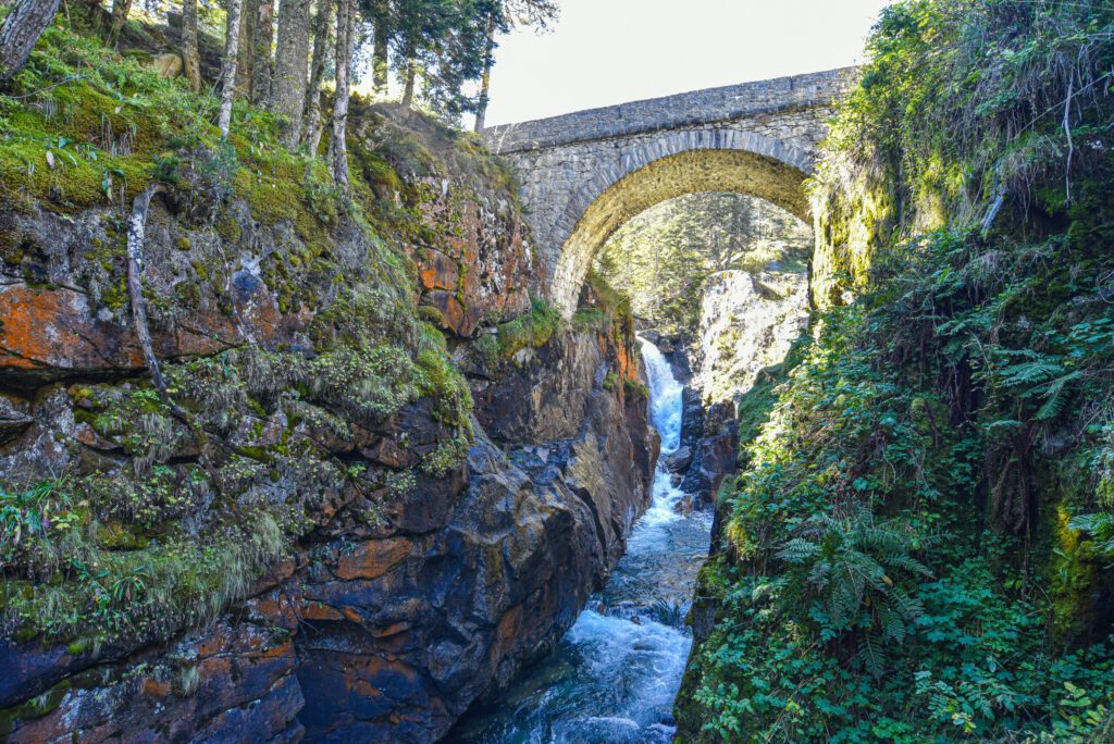 Cauterets, France - 10 Oct, 2021: The Pont d'Espagne bridge over the Gave de Marcadau in the Pyrenees National Park