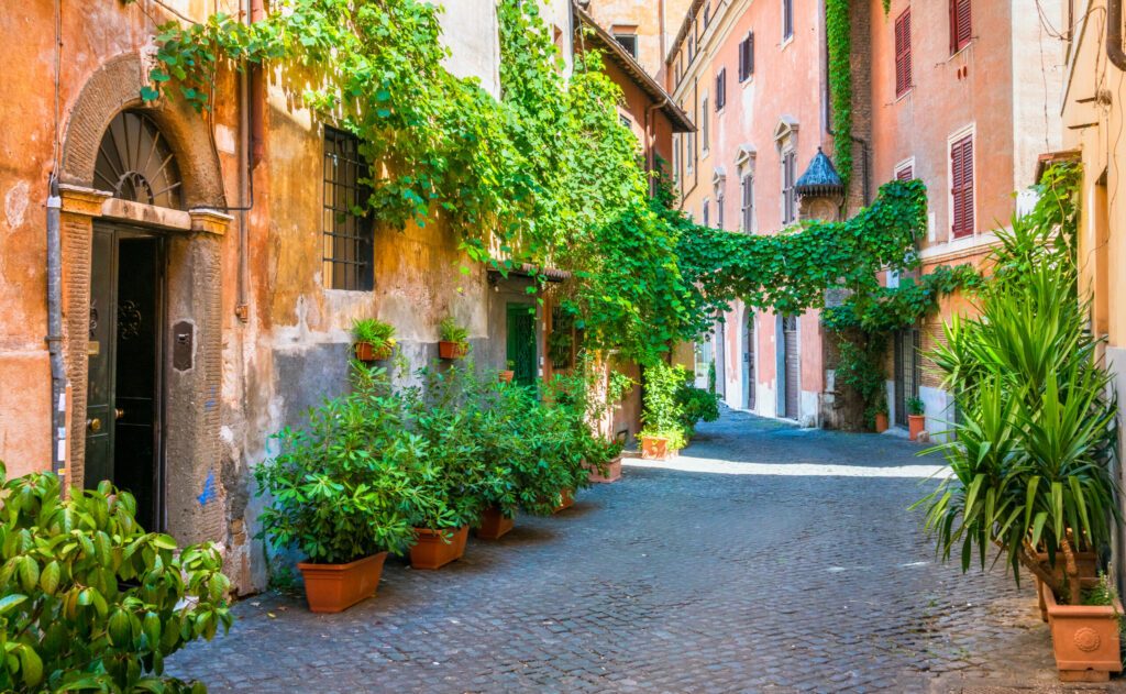 The picturesque Rione Trastevere on a summer morning, in Rome, Italy.