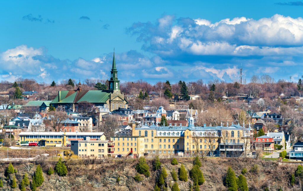 Marcelle-Mallet School and Notre-Dame-de-la-Victoire Church in Levis near Quebec City, Canada