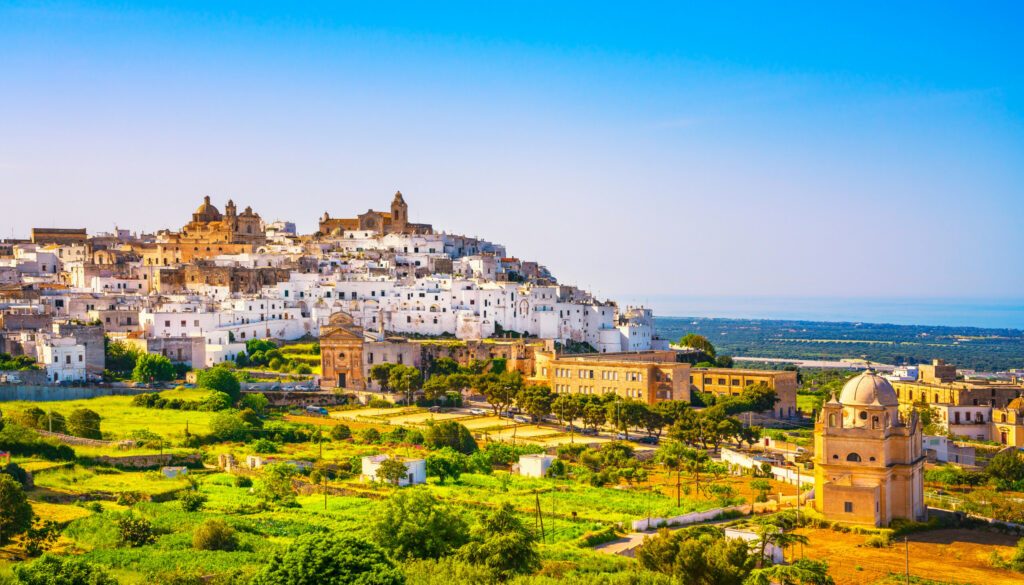 Ostuni white town skyline and church, Brindisi, Apulia, Italy.