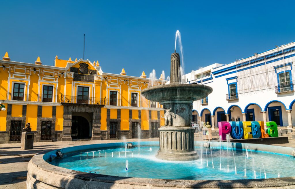 Fountain and Teatro Principal in Puebla, Mexico