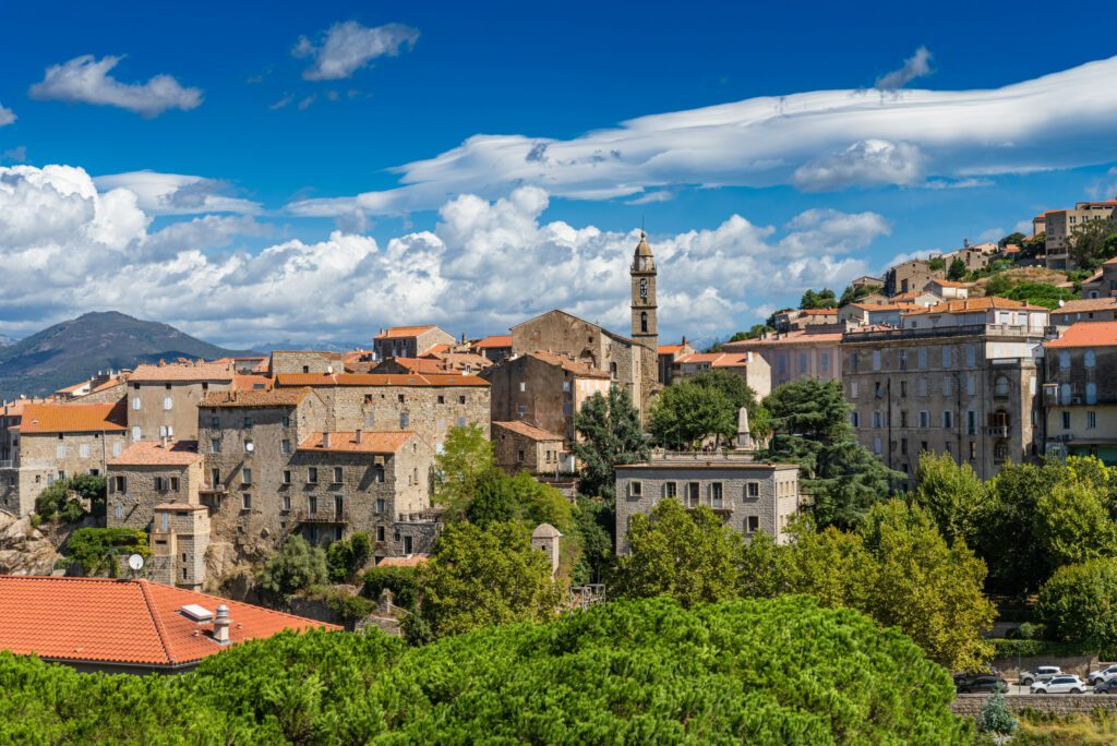 View of colorful Sartène town, built in traditional Corsican style in the mountain landscape of Corsica island, France, Europe