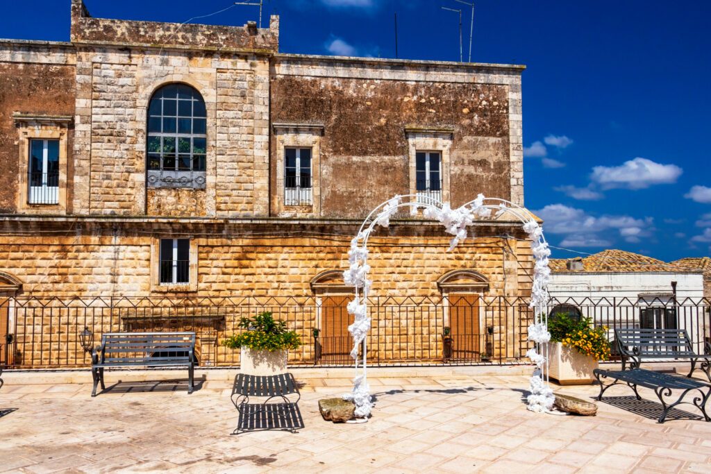 Ceglie Messapica street view with decoration on a sunny summer day in Ceglie Messapica, Province of Brindisi, Apulia, Italy