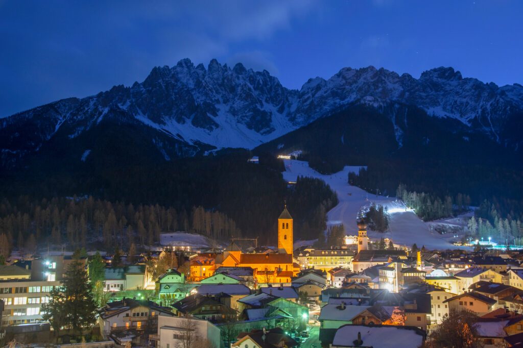 San Candido / Innichen by night in South Tyrol / Alto Adige, Italy