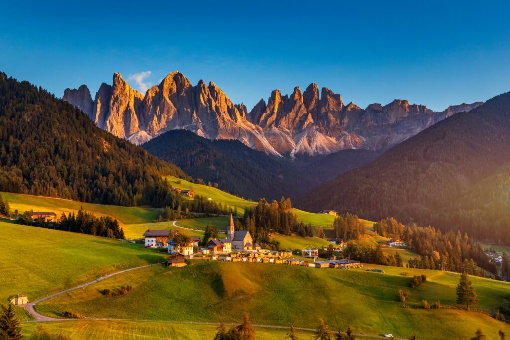 Santa Maddalena (Santa Magdalena) village with magical Dolomites mountains in autumn, Val di Funes valley, Trentino Alto Adige region, South Tyrol, Italy, Europe. Santa Maddalena Village, Italy.